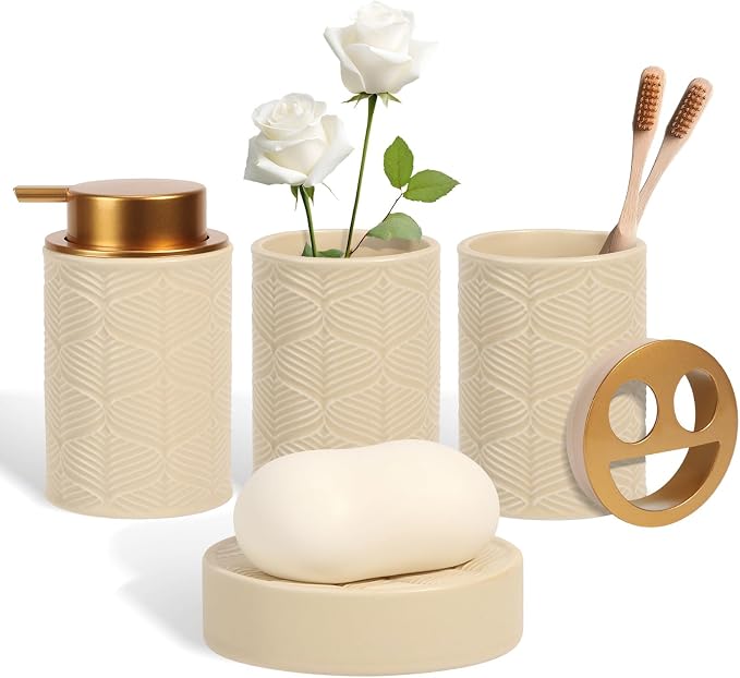 Kukikan Ceramic Bathroom Accessories Set, 4 Pcs-Includes Lotion Soap Dispenser, Toothbrush Holder, Vanity Tray, and Tumbler, Modern Bathroom Decor Organizer with Soap Dish, Apothecary Jar, Beige Color