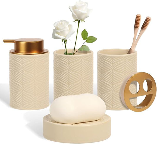 Kukikan Ceramic Bathroom Accessories Set, 4 Pcs-Includes Lotion Soap Dispenser, Toothbrush Holder, Vanity Tray, and Tumbler, Modern Bathroom Decor Organizer with Soap Dish, Apothecary Jar, Beige Color