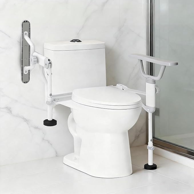 Folding Toilet Safety Rails - Adjustable Bathroom Support Frame with Foldable Arms for Elderly, Seniors, Post-Surgery Recovery, and Pregnant Women - Tool-Free Installation, Sturdy Grab Bar