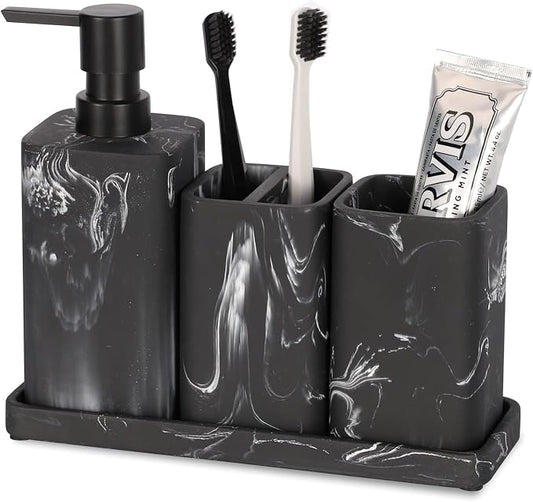 Bathroom Accessory Sets, 4 Pieces Bathroom Accessories Complete Set Vanity Countertop Accessory Set, Includes Lotion Dispenser Soap Pump, Tumbler, Toothbrush Holder and Tray (Black Marble Look)