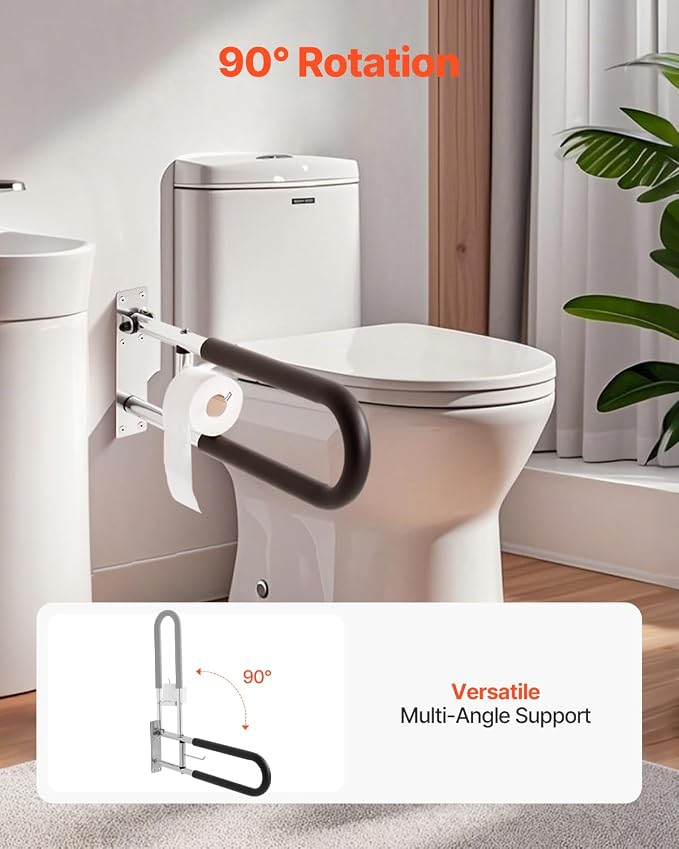 VEVOR Toilet Safety Rail, 30 Inch U-Shaped Handicap Grab Bar, Foldable Senior Safety Pole, Flip Up Toilet Grab Bars with Anti-Slip Handle, 300 Lbs Load Capacity Security Handrail with Paper Holder