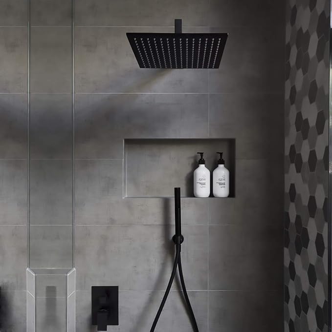 Voolan Oversize Rain Shower Head - High Flow Square Rainfall Showerhead - Waterfall Full Body Coverage - Universal Ceiling or Wall Mount (16 Inch, Matte Black)