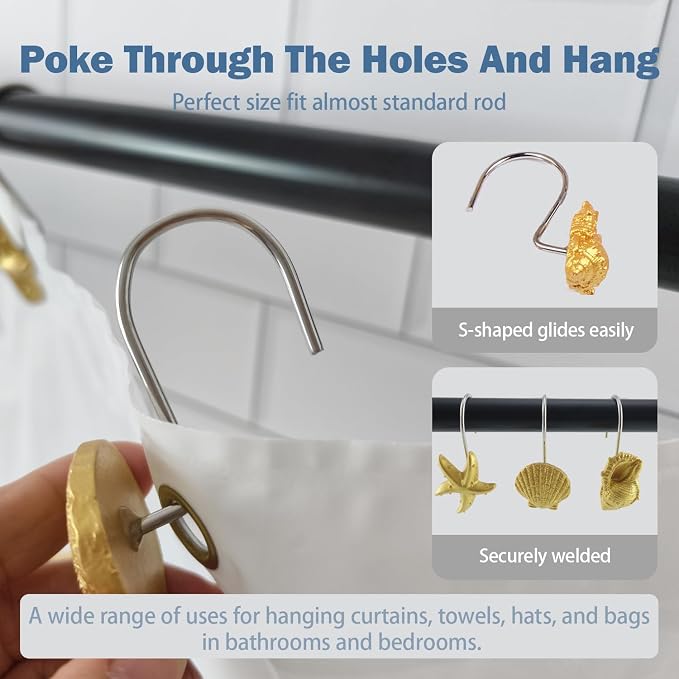 Seashell Shower Curtain Hooks 12pcs Beach Shower Curtain Rings Bath Shower Hooks Rust Proof Curtain Hangers Coastal Bathroom Accessories Decor (Golden)