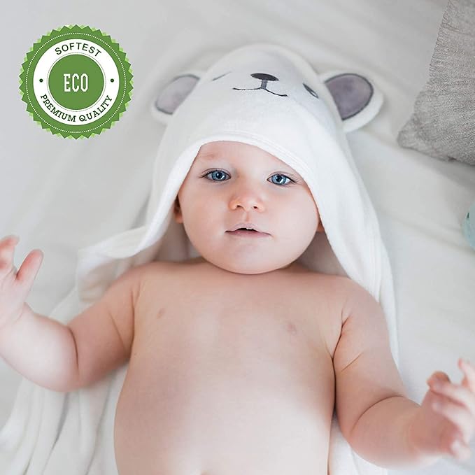 HIPHOP PANDA Ultra Soft Hooded Baby Towel - 2-Layer Thick 500GSM Absorbent | Rayon Made from Bamboo, Hooded Bath Towel for Newborn, Infant, Toddler, Baby Registry - Bear, 37.5x37.5 In