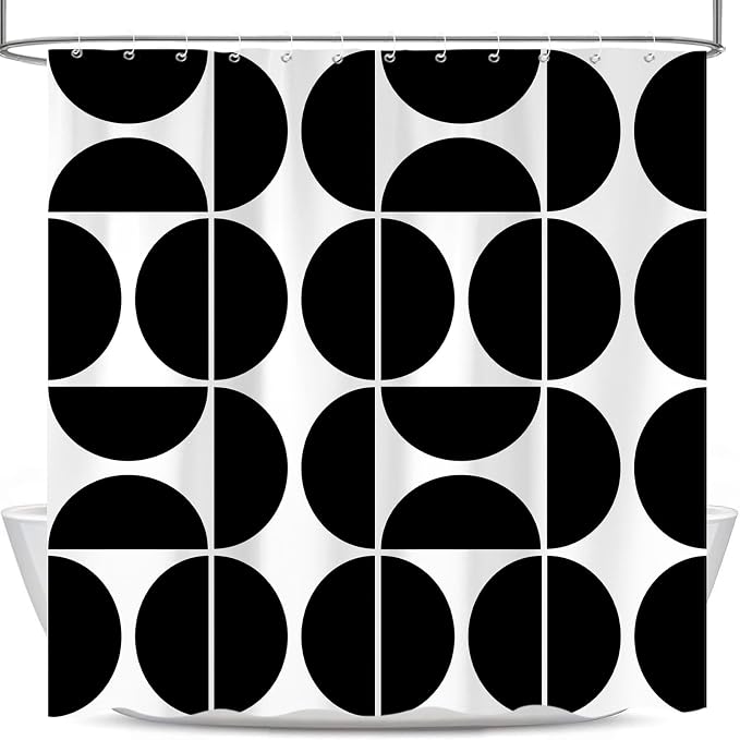 Black and White Mid Century Modern Shower Curtain, Boho Abstract Geometric Retro Art Bath Curtains For Bathroom, Colorful Unique Pattern Waterproof Polyester Fabric Bathroom Set 12 Hooks 72X72IN