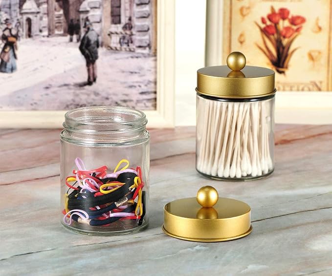 Amolliar Glass Apothecary Jar Qtip Holder Metal Lids 4pc/Gold | Bathroom Decor Countertop Vanity Storage Organizer Set for q tip holder,Cotton Swabs/Rounds,Makeup Sponges,Cute Stickers
