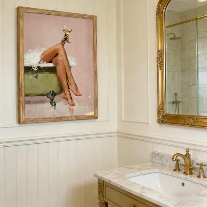 Framed Glam Pink Bubble Bath Canvas Wall Art Vintage Tub Martini Poster Print Elegant Woman Bathroom Wall Decor Picture for Girly Restroom Dorm Bath Room Decoration