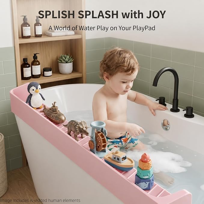 Bathtub Splash Guard for Tub Kids, Silicone Bath Toy Holder & Tub Side Tray with Suction Cups, Bath Tub Shelf for Kids, Bathtub Toy Storage, Pink
