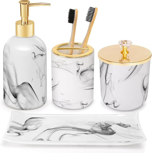 Haturi Bathroom Accessories Set, 4 Pcs Marble Look Sets Soap Dispenser & Toothbrush Holder Counter Top Restroom Apartment Decor Stuff, Glass Kits, Gift for Women and Men, Ink White | Kit w/ Bathroom Soap Dispenser Set, Toothbrush Holder, Qtip Holder, S...