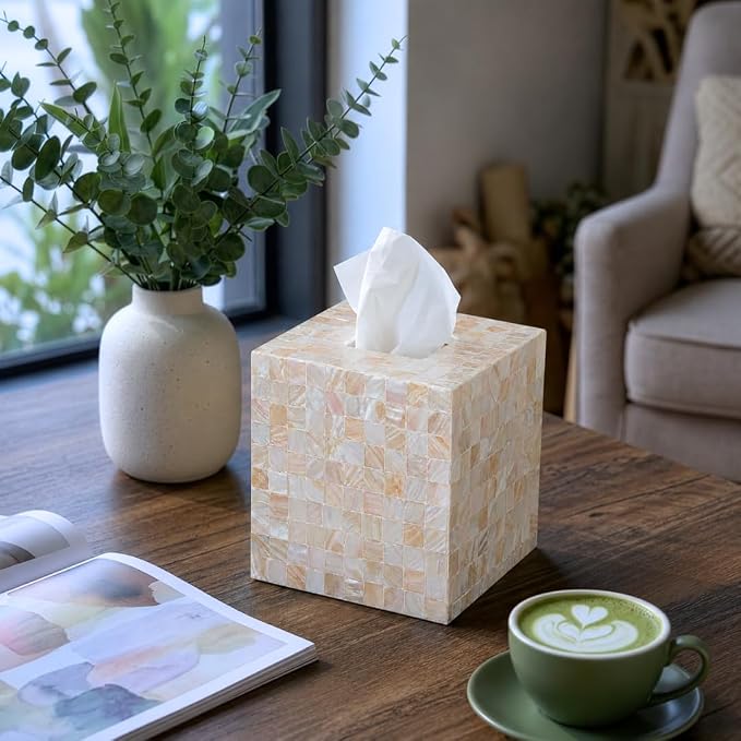 5.9” Mother of Pearl Tissue Box Cover for Kleenex and More – Handcrafted Square Tissue Holder with Sliding Bottom – Decorative Napkin Dispenser for Bathroom, Bedroom, Kitchen, Office