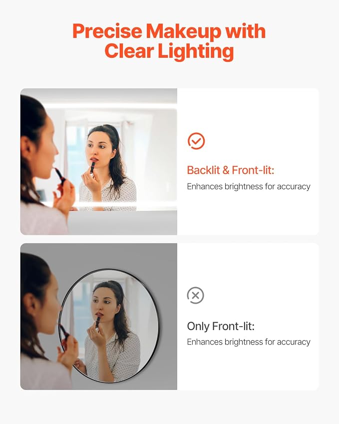 VEVOR LED Bathroom Mirror, 36" x 72" LED Bathroom Vanity Mirror with Frontlit and Backlit, Anti-Fog Memory Mirror with Lights, Stepless 3 Colors Temperature Dimmable Bathroom Mirror, Wall Mounted