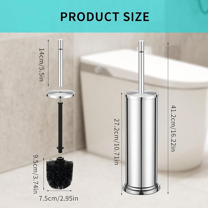 Stainless Steel Toilet Brush and Holder Set,Toilet Bowl Brush and Holder | Chrome Heavy Duty Toilet Brush for Bathroom with Long Handle,Removable Inner Bowl and Splash Protection,Deep Cleaning