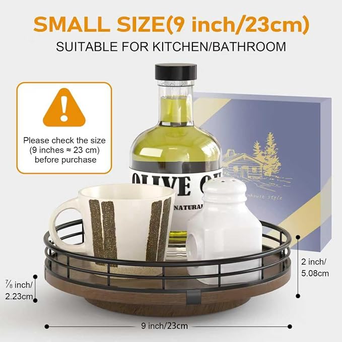 AMH 9-Inch Farmhouse Oak Lazy Susan Cabinet Organizer, Walnut Finish | Smooth rotating oak tray with walnut finish for dining tables, kitchen counters, pantries and cabinet storage.