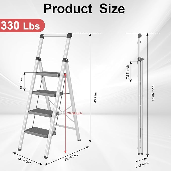 4 Step Ladder, Folding Step Stool with Wide Anti-Slip Pedal, Soft Grip Handle & Non-Slip Feet, Sturdy Steel Ladder with 600 lbs Capacity for Home, Kitchen & Office, Black Grey