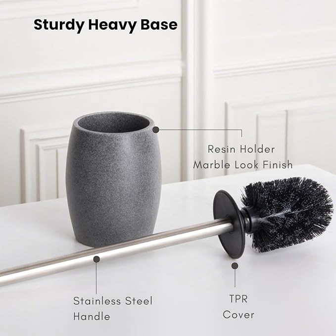 Clasin Home Toilet Bowl Brush and Holder with Stainless Steel Long Handle, Toilet Scrubber Brush with Durable Base, 360° Deep Cleaning Bristles for Bathroom, Compact Set for Small Space (Gray)