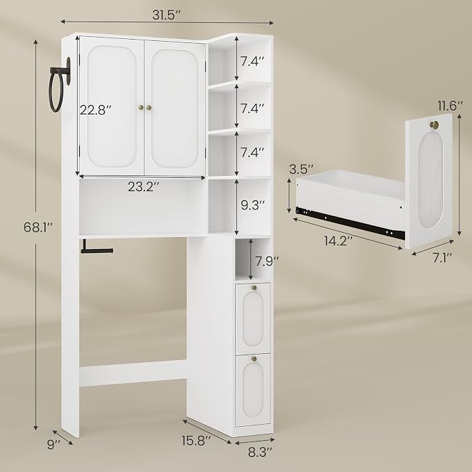 7-Tier L-Shaped Wooden Over the Toilet Storage Cabinet with Doors, Modern Over Toilet Bathroom Organizer Shelf with 2 Large Drawers, Bathroom Over Toilets Storage Cabinet, Space Saver, White