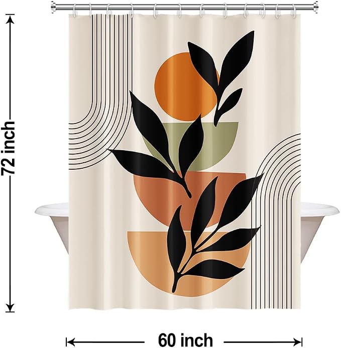 Boho Beige Shower Curtain for Bathroom 60x72 Inch | Waterproof Abstract Black Arch and Leaves Shower Curtain Set with Hooks, Mid Century Bathroom Decor