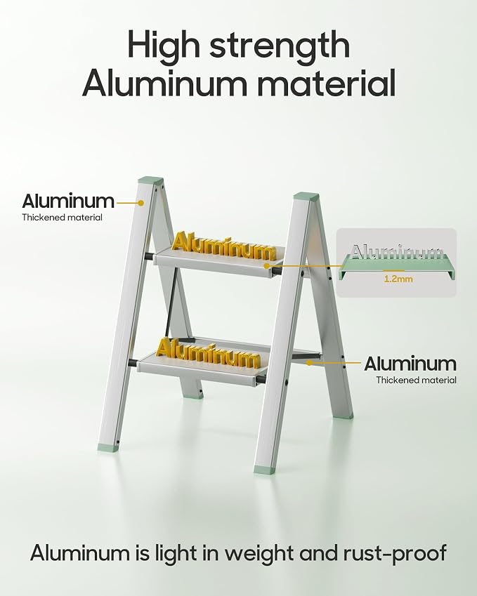 HillhutApex Aluminum Step Stool Foldable,2 Step Ladder (Pale Green) | Lightweight Portable step ladder with Anti-Slip Wide Pedal,330lbs Capacity Ladder for Household,Office,Kitchen