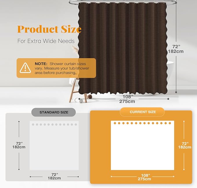 108x72 Boho Scalloped Linen Textured Cloth Shower Curtain Set, Brown | Extra Wide Size, 230GSM Waterproof Polyester, Heavy Duty Fabric, 18 Plastic Hooks, Modern Farmhouse Style, Machine Washable