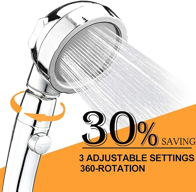 Marbrasse High Pressure Shower Head, 3-Settings Handheld Showerhead with ON/Off Full Shutoff Push Button and Switch to Control Flow, Angle-Adjustable Water Saving Body Sprays(Chrome)