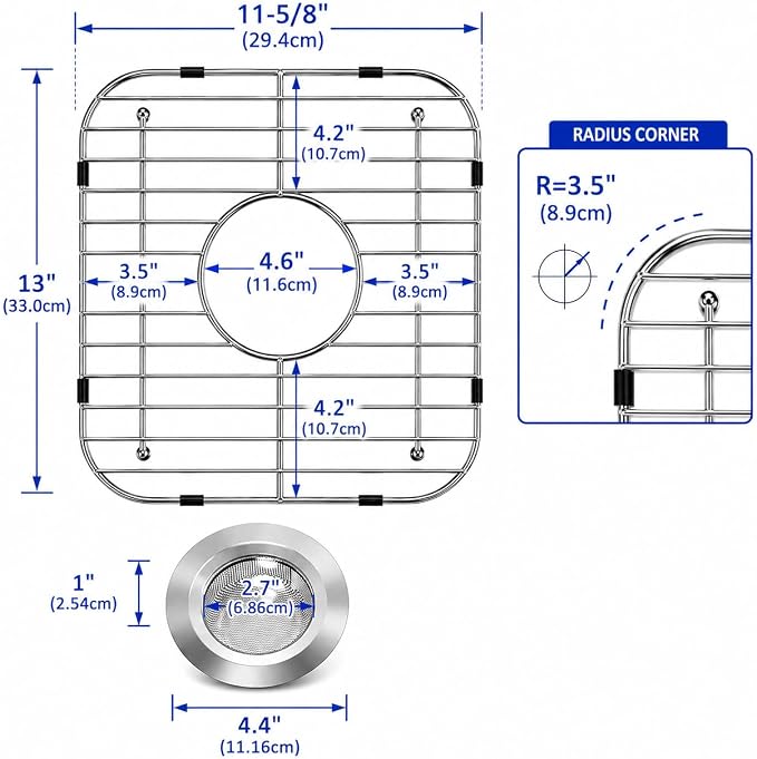 2-Pack Stainless Steel Kitchen Sink Bottom Grid (13.2" x 11.6") with Central Drain Hole — Rust-Resistant Sink Protector + 2 Sink Strainers