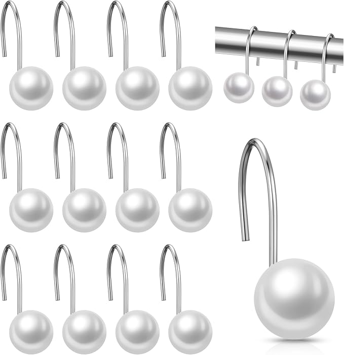 12 Pcs Shower Curtain Hooks Ivory Artifical Pearl Decorative Shower Curtain Rings Vintage Rustproof Cute Curtain Hooks for Country Farmhouse Bathroom Decor