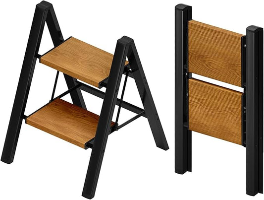Taranta 2 Step Stool Foldable,Aluminum Step Ladder-BlackWoodgrain | Lightweight,Wide Anti-Slip Pedals,Folding Step Stool,330lbs Capacity for Household,Kitchen,Office