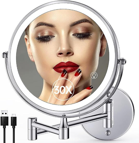 Wall Mounted Lighted Makeup Mirror: Double Sided 1X/30X Magnifying Mirror | 3000mAh Rechargeable Makeup Mirror with Light for Bathroom, 3 Color Lighting, Touch Screen Dimming, Extended Arm 360 Rotation