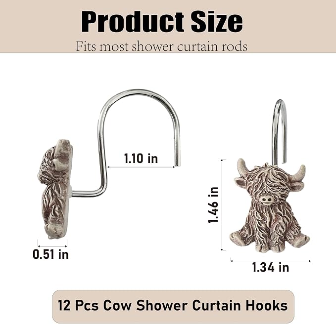 12 Pcs Highland Cow Shower Curtain Hooks for Western Rustic Bathroom Decor | Farmhouse Rings Hangers Rust Resistant Highland Cow Decor for Restroom Vintage Cowboy Bathroom Resin and Stainless Steel Hook