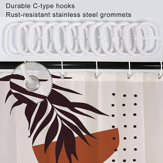 Mid Century Terracotta Shower Curtain for Bathroom 54x72 Inch | Waterproof Abstract Dark Brown Leaves Shower Curtain Set, Soft Boho Bathroom Decor, Machine Washable