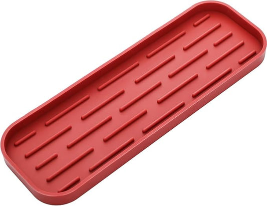 MicoYang Silicone Kitchen Sink Organizer Tray for Multiple Usage,Eco-Friendly Sponges Holder for Kitchen Bathroom Counter or Sink,Dish Soap Dispenser,Scrubber,Bottle,Cup (Red, 12"×4")
