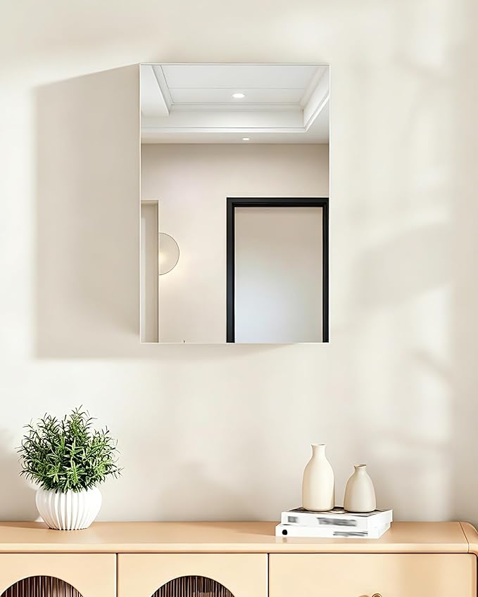 Bathroom Medicine Mirror Cabinet, 13.8'' x 19.7'', Wall-Mounted Bathroom Vanity with Mirror, Bathroom Medicine Cabinet with Storage Function, Hanging Storage Cabinet, Adjustable Shelves, White