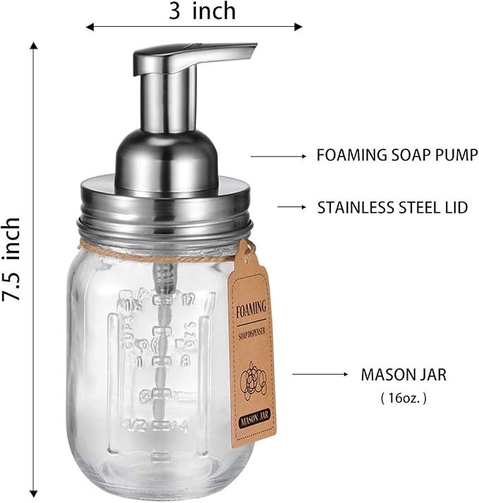 Amolliar Mason Jar Foaming Soap Dispenser Glass Soap(Brushed Nickel 2 Pack) | Refillable Hand Soap Dispenser for Kitchen, Foam Soap Dispenser Countertop, Farmhouse Decor, Shampoo, Bathroom Soap Dispenser