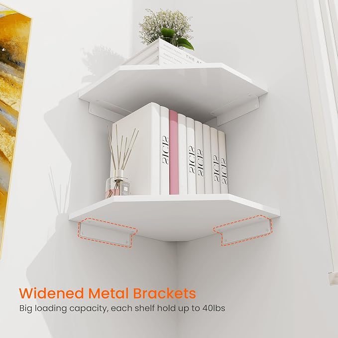 Corner Wall Shelf, Corner Shelf Floating, Set of 4 Wooden Hanging Corner Shelves with Wire Hole for Bathroom Living Room Office, White