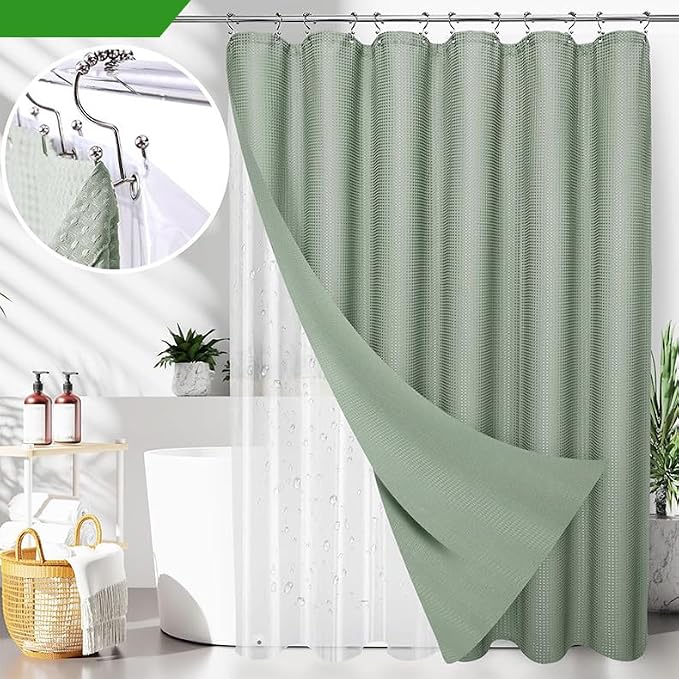 25 PCS Green Bathroom Accessories Set丨Shower Curtain Bathroom Accessory | All-in-One Kit with Shower Curtain,rug,Trash Can,Toothbrush Holder,Toilet BrushSoap Dispenser,Toothbrush Cup,etc for Home