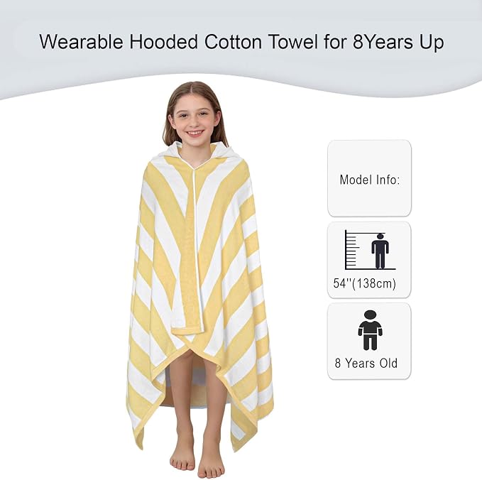 VOOVA & MOVAS Big Kids Hooded Towel, 8+, 100% Cotton, Yellow White Stripe | Classic Stripe Pattern, Soft, Absorbent & Fast Drying, Suitable for Daily Bath and Beach Trips