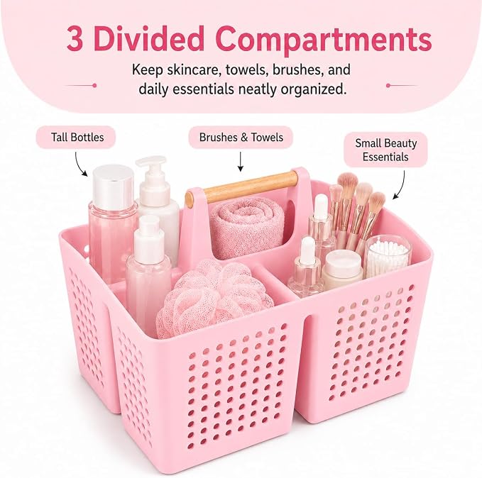 Portable Shower Caddy Basket with 3 Compartments and Handle, Caddy Pink | Plastic Divided Beauty Caddy Organizer for Makeup, Skincare, Hair Products, Nail Supplies, Vanities and Dorm Rooms