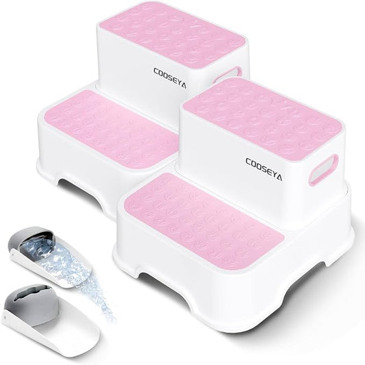 2 Step Stools for Kids,Toddler Step Stool for Bathroom Sink,No-Slip Double up Stepping for Toddlers, Multifunctional Toilet Potty Stool for Kids,Toilet Potty Training(2 Packs)（Pink）