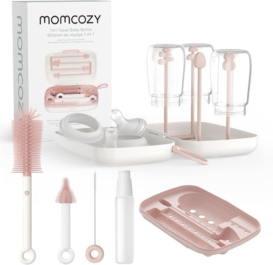 Momcozy 7-in-1 Baby Bottle Brush Set with Drying Rack, Pink | Silicone Nipple Straw Brushes, Soap Dispenser Storage Box, Foldable Drain Rack, Portable Bag, BPA-Free, Home & Travel
