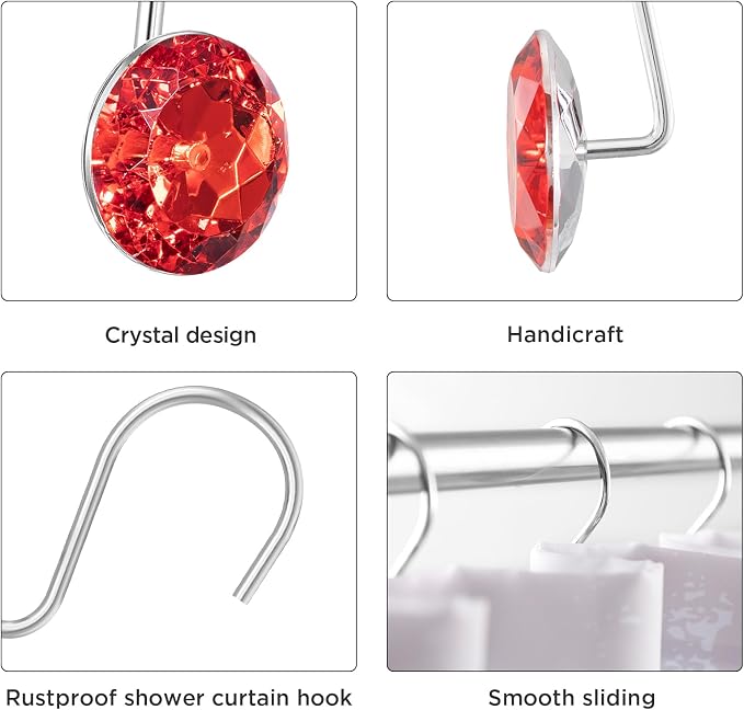 HBlife 12 Pcs Acrylic Decorative Rolling Diamond Shower Curtain Hooks Rust Proof Rhinestones Crystal Bling Shower Curtain Hooks for Curtain and Shower Rod, Red Round