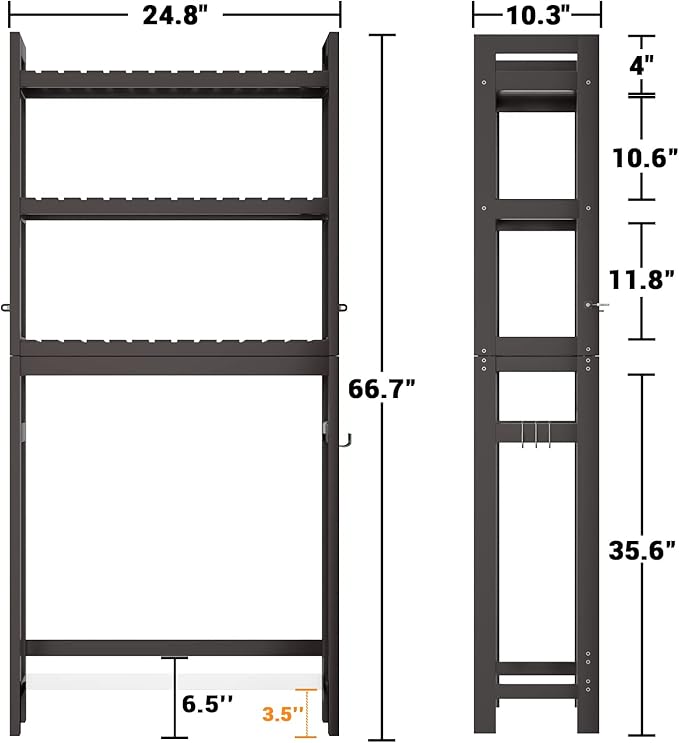 Over The Toilet Storage, Bamboo 3-Tier Over-The-Toilet Space Saver Organizer Rack, Stable Freestanding Above Toilet Stand with 3 Hooks for Bathroom, Restroom, Laundry, Espresso