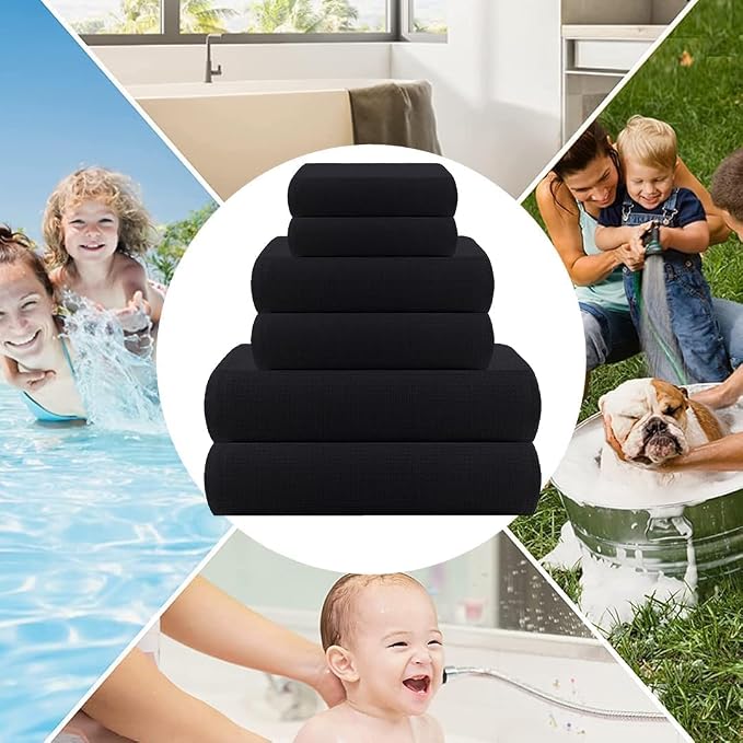 CASA COPENHAGEN Waffle 6Pcs 100% Egyptian Cotton Large Designer Towels Gift Set- Black, 2Bath 2Hand 2Washcloths, Bath Towels for Bathroom (Box Pack, Set for Women & Men)