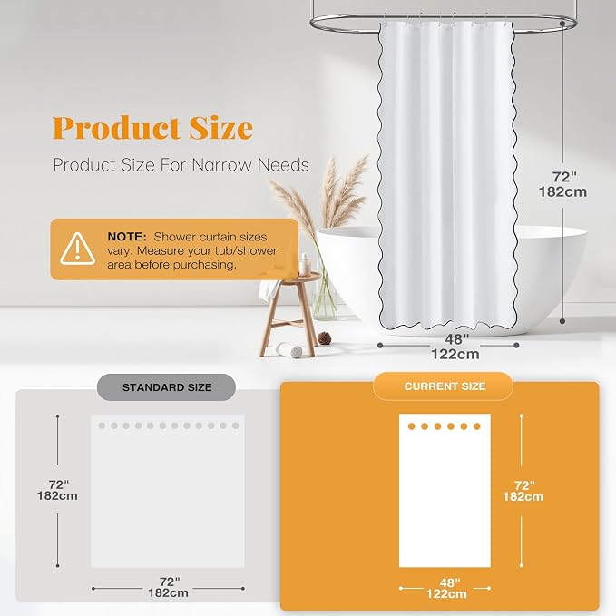 48x72 Boho Scalloped Linen Textured Cloth Shower Curtain Set, White | Stall Size, 230GSM Waterproof Polyester, Heavy Duty Fabric, 8 Plastic Hooks, Elegant Modern Farmhouse Style, Machine Washable