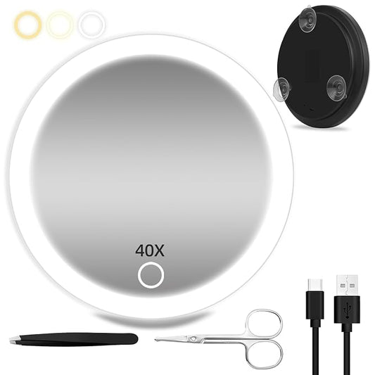40X Magnifying Mirror with Light, 3 Suction Cups, 6inch Compact Travel Size | Rechargeable 40X High Magnification Makeup Mirror with 3 Color Light Adjustable Brightness - Includes Tweezers & Scissors Set