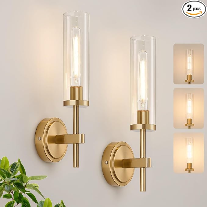 Battery Operated Wall Sconce Set of 2，Brushed Gold Wireless Rechargeable Wall Lighting Fixtures with Remote Control，Dimmable Wall Light for Bathroom ，Vanity, Living Room, Bedroom, Hallway, Stairway