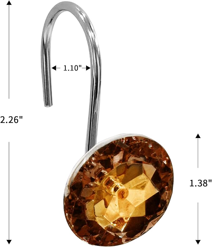 Crystal Diamond Round Shower Curtain Hooks Rings for Bathroom,Brown,12PCS | Acrylic Decorative Rhinestones Bling Shower Hooks Rings,for Bathroom Curtains Rod,Gem Metal Rust Proof Shower Hangers