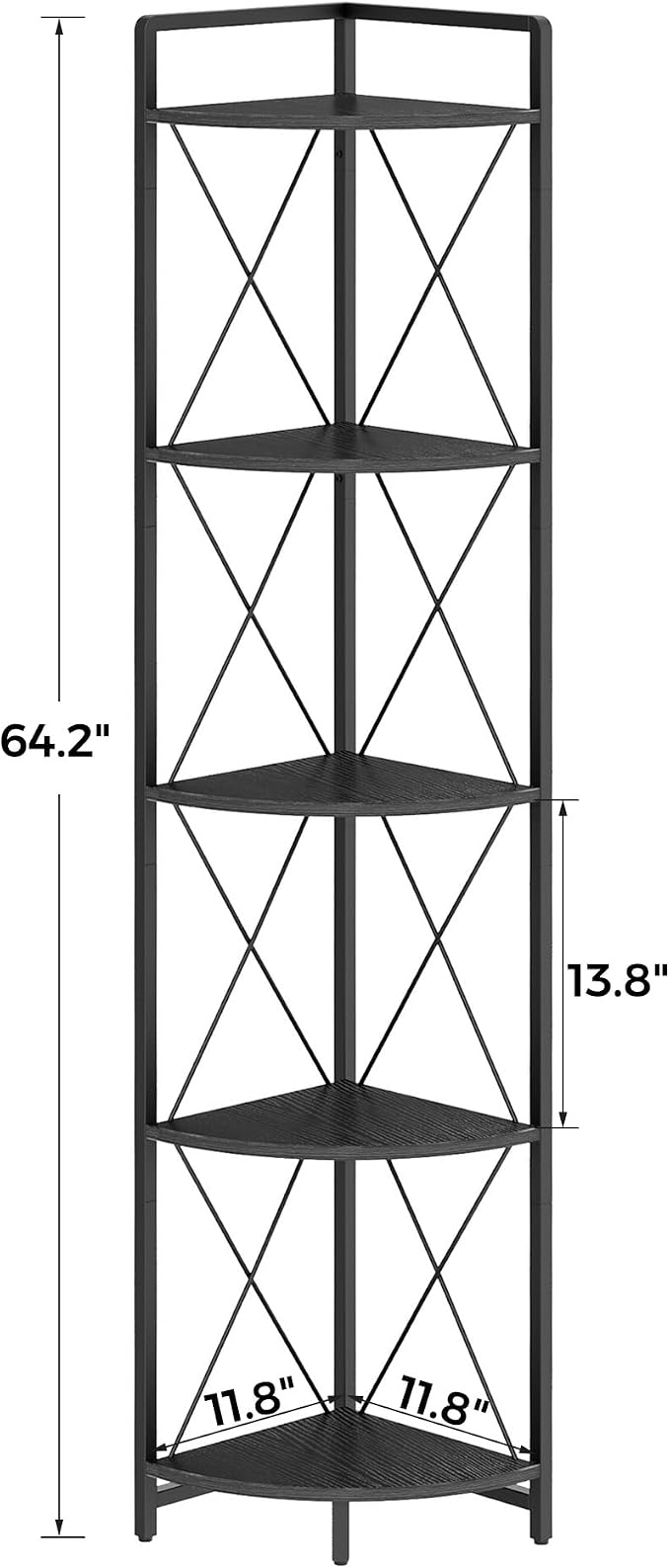 5 Tier Corner Shelf Stand, 64" H Tall Corner Bookshelf, Black | Industrial Metal Corner Shelf for Living Room Decor, Plant Stand Display Shelf for Bedroom, Bathroom, Small Spaces