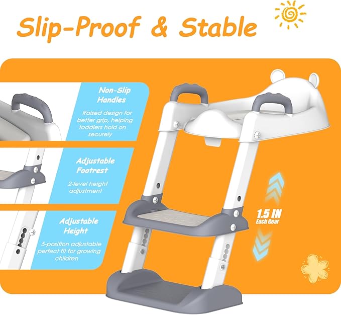 HBTower Potty Training Seat with Step Stool Ladder & Safety Handles,Grey | Foldable Toddler Toilet Seat with Splash Guard for Boys and Girls, Comfortable Kids Potty Cushion & Anti-Slip Pads