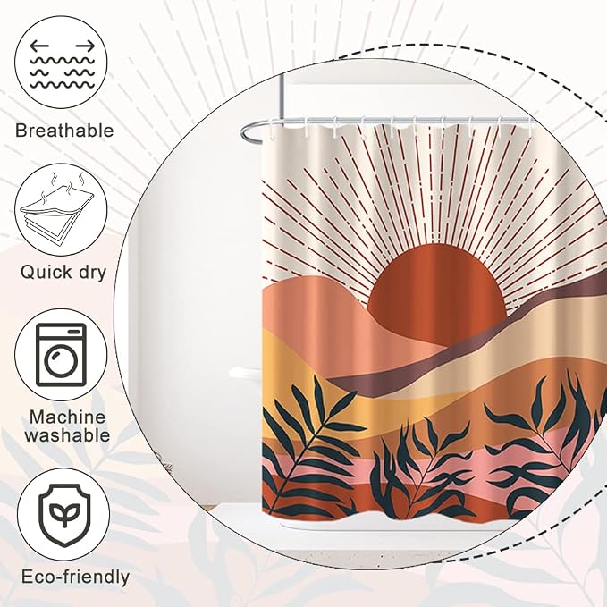 Boho Terracotta Shower Curtain for Bathroom 54x72 Inch | Waterproof Abstract Sunrise and Mountain Shower Curtain Set with Hooks, Mid Century Bathroom Decor