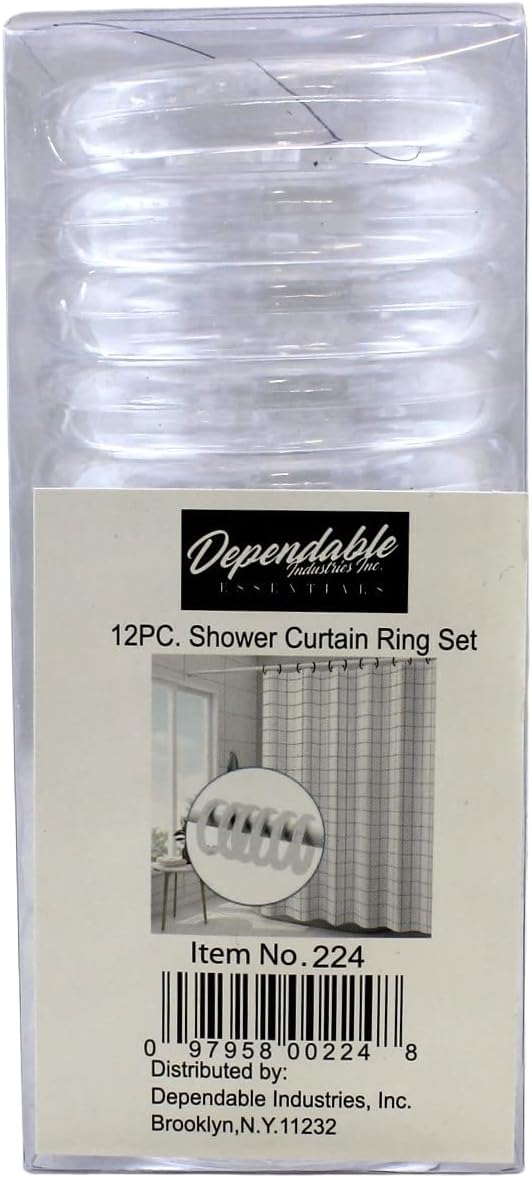12 Piece Plastic Basic Locking Round Hook Easy Gliding Shower Curtain Rings Fits All Standard Size Shower Rods (Clear)